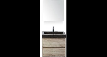 Dante Badmeubelset 60 cm - Craft Oak - Wastafel Hardsteen Wit Lucca met Spiegelkast