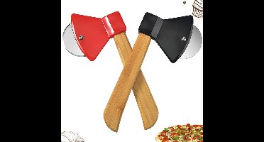 2 stuks - Snijgereedschap - Pizzasnijder - Bijlvormig - Roestvrij staal - Bamboe handvat - Geschikt voor taarten, koekjes en brood - Bakgereedschap - Zwart + rood