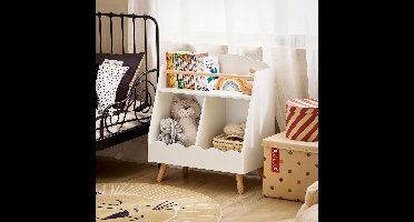 Kinderboekenkast met Opbergruimte – Wolkvorm Boekenkast voor Kinderen met 2 Open Vakken en Houten Poten – Speelgoedkast, Kinderkamer Kast, Kinderboekenrek – Wit MDF Hout – 61x35x71 cm