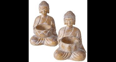 Boltze - Set van 2 - Buddha - Waxinehouders - Polystone - Handbeschilderd - 15 cm Hoog