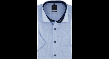 OLYMP Luxor modern fit overhemd - korte mouw - structuur - blauw met wit mini dessin (contrast) - Strijkvrij - Boordmaat: 43