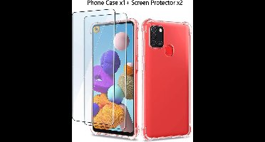 Hoesje Geschikt Voor Samsung Galaxy A21S Hoesje - Anti Shock Hybrid tpu Case & 2X Tempered Glas Combi - Transparant
