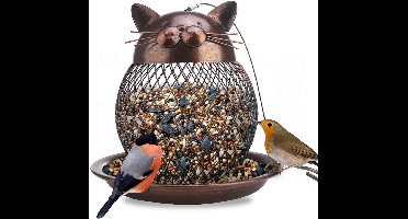 Oneay Vogelvoederhuisje voor buiten, stevig metalen frame, eekhoornbestendig, hangend voor tuin, erf en buitendecoratie, schattige katvorm