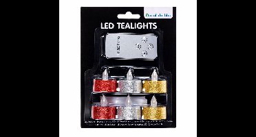 LED Theelichtjes met Afstandsbediening – Set van 6 – Rood, Zilver & Goud Glitter – Met Timer (4H/8H) – Inclusief Remote Control