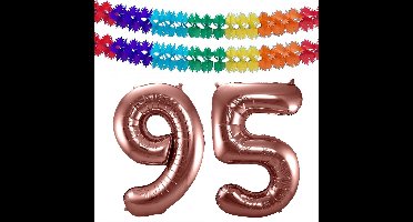 Folat Verjaardag Leeftijd folieballon - 95 jaar - rosé goud - 86 cm - cijferballon groot - incl 2x feestslingers