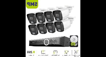 8-Kanaals Beveiligingsset – Beveiligingscamera Set – IP Camera Systeem – CCTV Camera Set – 5MP Beeldkwaliteit – Nachtvisie Tot 30 Meter – Weerbestendig IP67 - Ingebouwde HDD: 2T