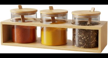 Item Int. Kruidenpotjes set - 3x - borosilicaatglas potjes - incl. lepeltjes - bamboe tray - 31 x 11 x 10,5 cm