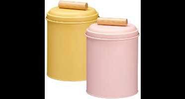 Excellent Houseware Voorraadpotten set - 2x - koekjes bewaarblik - 14 x 20 cm - metaal - roze / geel