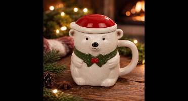 IJsbeer Mok – 3D Design – Kerstmuts Deksel – 380 ml – Hoogwaardig Keramiek – Inclusief Sfeervolle Giftbox – Perfect Cadeau voor Winter en Kerst