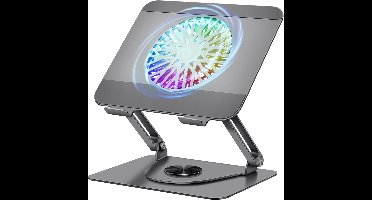 Laptopstandaard met Magnetische RGB Koeler – 360° Draaibaar – Draagbaar tot 16" Laptop/Tablets – 10 kg, Stil 18 dB – Grijs