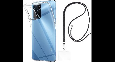 Set met hoesje en nekband voor oppo a16 - Flexibele, transparante TPU-bescherming, verstelbare universele nekband voor mobiele telefoons, zwarte nekband, transparante draagriem van Phonillico®