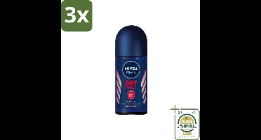 3 x Nivea Men – Deodorant Roller – Dry Impact – 50 ml - Grootverpakking - Nivea Men Deodorant Roller - Anti-transpirant - Zweetbestendig - Geurbestendig - Dry Impact