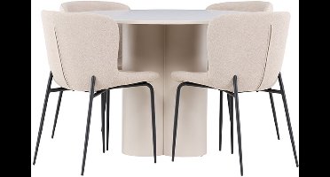 Olivia eethoek tafel Ø110cm en 4 bouclé stoelen beige.