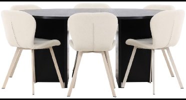 Strada eethoek uittrekbare tafel Ø120cm, 170cm en 6 stoelen zwart, beige.