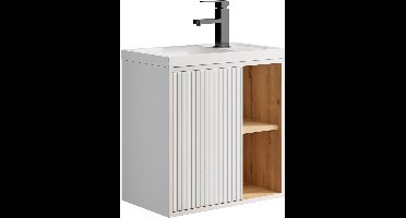 Wastafelmeubel – Badmeubel – Wastafelkast – Onderkast – Badkamermeubel – Hangend – Compact 50,5 cm – Waterbestendig MDF met Houten Planken