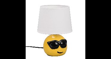 Nachtlamp keramiek tafellamp voor slaapkamer woonkamer lamp tafellamp modern, emoji met zonnebril geel, textiel wit, 1x E14 fitting, DxH 18x26 cm