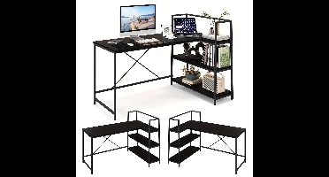 Hoekbureau – L-vormig Bureau – Computerbureau – Werkplek Meubel – Study Desk – Reversibel Ontwerp – Met 3 Open Planken – Zwart – Stevig Metaal & Houtfineer – Ruim Werkblad 122x61 cm