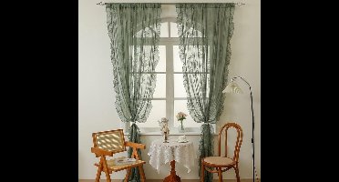 Saliegroen kanten gordijn voor de woonkamer, gordijn met ruches, transparant gordijn voor meisjeskamer, voile gordijnen, lichtdoorlatende gordijnen in landelijke stijl, tule gordijnen voor keuken en eetkamer, 2 panelen van elk 140 x 200 cm.