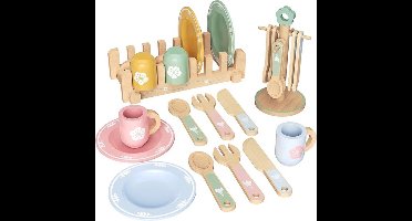 Houten Speelservies Set - 22-delig - Montessori Keukenspeelgoed met Afdruiprek & Bestekhouder - Kinderservies voor Rollenspel - Cadeau 3-5 Jaar - Pastels