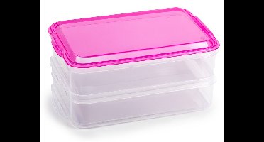 Plasticforte Lunch en Vleeswaren bewaarbakjes - transparant/roze - 24 x 16 x 11 cm - 2 lagen - broodbeleg vershouddoos - vershoudbakjes