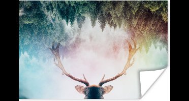 Poster - Hert - Gewei - Mist - Regenboog - Bos - Poster dieren - 30x20 cm - Muurposter - Wanddecoratie
