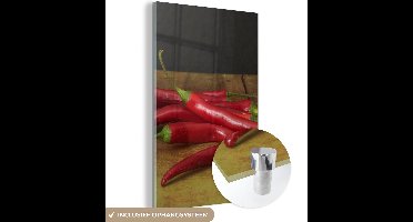 MuchoWow® Glasschilderij 60x90 cm - Schilderij acrylglas - Stapel rode chilipepers - Foto op glas - Schilderijen