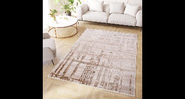 Tapiso Crystal Vloerkleed Beige Bruin Zigzag 3D Effect Tapijt Maat- 200x300