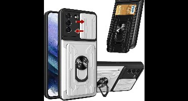 Hoesje Geschikt Voor Samsung Galaxy S21 hoesje met kickstand Wit - Hoesje Geschikt Voor Samsung Galaxy S21 camera lens screen protector - hoesje Hoesje Geschikt Voor Samsung Galaxy S21 met pasjeshouder ring case