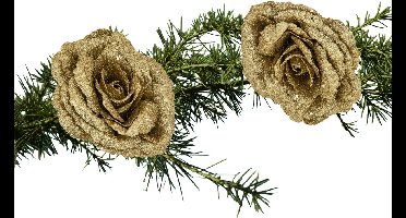 Kerstboom bloemen op clip - 2x stuks - goud - kunststof - 18 cm