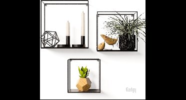 Gadgy Wandrekken Industrieel - Set van 3 - Vierkant Wandrek Zwart - Wanddecoratie Woonkamer - Muurdecoratie Metaal - Wandplank zwevend voor Slaapkamer - 32, 27 en 22 cm