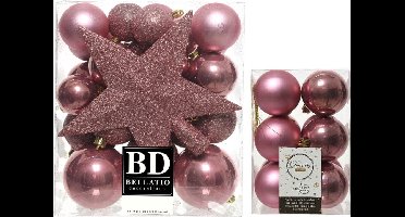 Kerstversiering kunststof kerstballen oud roze 5-6-8 cm pakket van 45x stuks - Met kunststof ster piek van 19 cm