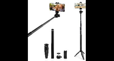 MOJOGEAR Vlog KIT: mini-statief, telefoonhouder & extra lange selfie stick - 29 tot 162 cm - Streaming/tutorial/vlog KIT - Zwart