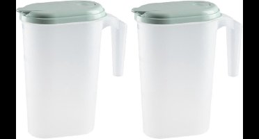 Plasticforte Waterkan - 2x stuks - 1,6 liter - mintgroen/transparant - kunststof - met deksel - koelkastdeur geschikt