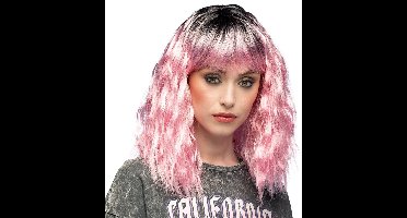 Boland - Pruik Ethel Roze - Golvend - Halflang - Vrouwen - Rocker - Punk - Cosplay - Carnaval - Themafeest