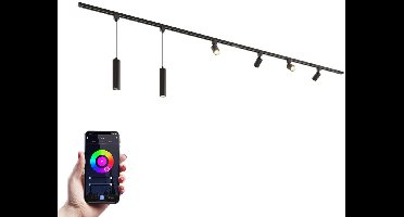 HOFTRONIC railverlichting pakket recht – 2x 1,5 meter rail met 4 railspots en 2 hanglampen – RGBWW GU10 lichtkleur – dimbaar via app – aluminium zwart – IP20 – modulair – 230V – slimme verlichting woonkamer keuken kantoor