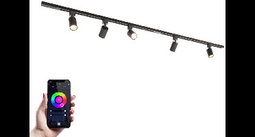HOFTRONIC railverlichting pakket recht – 2x 1 meter rail – 5 dimbare RGBWW GU10 railspots – aluminium zwart – IP20 – modulair – 230V – smart verlichting woonkamer keuken kantoor