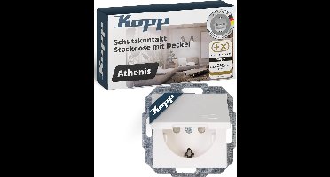 KOPP - Wandcontactdoos met Deksel - Athenis - Inbouw - 1-voudig Enkel Stopcontact - Randaarde - Kinderbeveiliging - Helder Glans Wit