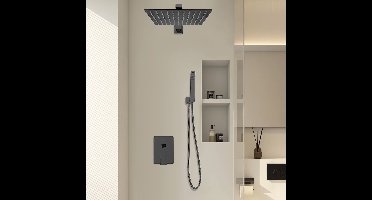 Doucheset – Regendouche – Handdouche – Douchekraan – Douchegarnituur – Messing – Mat Zwart – 25x25 cm – Waterbesparend