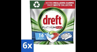 6 x Dreft Platinum Plus - All In One - Vaatwascapsules - Fresh Herbal Breeze - 16 Afwasbeurten - Vaatwascapsules - Vaatwasser - Schone Vaat - Frisse Geur - Vaatwasser Capsules