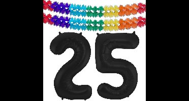 Folat folie ballonnen - Leeftijd cijfer 25 - zwart - 86 cm - en 2x feestslingers gekleurd 600 cm - versiering - feestartikelen