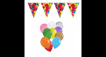 Folat Verjaardag 1 jaar feestartikelen set - 50x ballonnen - 2x leeftijd print vlaggenlijnen