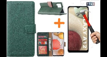 Hoesje Geschikt Voor Samsung Galaxy A12 hoesje wallet case Groen - Galaxy A12 hoesje bookcase Portemonnee- Galaxy A12 Hoesje book cover hoesjes met 2 pack Screenprotector