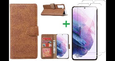 Hoesje Geschikt Voor Samsung Galaxy S21 hoesje bookcase Bruin - Hoesje Geschikt Voor Samsung Galaxy s21 hoesje bookcase wallet case portemonnee book case hoes cover hoesjes met 2 stuks Screenprotector