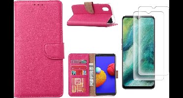 Hoesje Geschikt Voor Samsung Galaxy A01 Core Hoesje met Pasjeshouder booktype case / wallet cover Pink 2 pack Screenprotector / tempered glass