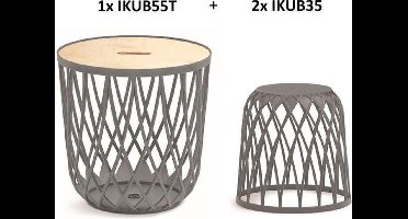 Set van 3 55L multifunctionele manden met houten deksel - 2x35L Prospeplast uniqubo plastic in grijze kleur