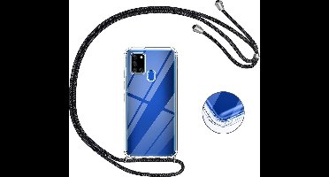 Hoesje Geschikt Voor Samsung Galaxy A21s Hoesje transparant silicone met Koord - Galaxy A21s Koord hoesje draagkoord TPU backcover - Zwart