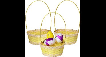 Home & Styling Rieten mandje met hengsel - 3x - geel - 20 x 38 cm - Opbergen - Paaseieren mandje