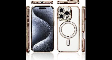Hoesje Geschikt voor iPhone 15 Pro Magsafe hoes Lens beschermer Goud – Luxe bling sprankelende diamant backcover