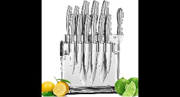 ApexArte® Messenset met Blok - Messensets met Messenblok - Koksmes - Keukenmessen Set - Super Scherp - Zilver