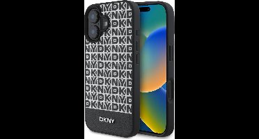 DKNY – iPhone 16 Backcover hoesje – PU Leather Repeat Pattern Bottom Stripe MagSafe – Zwart